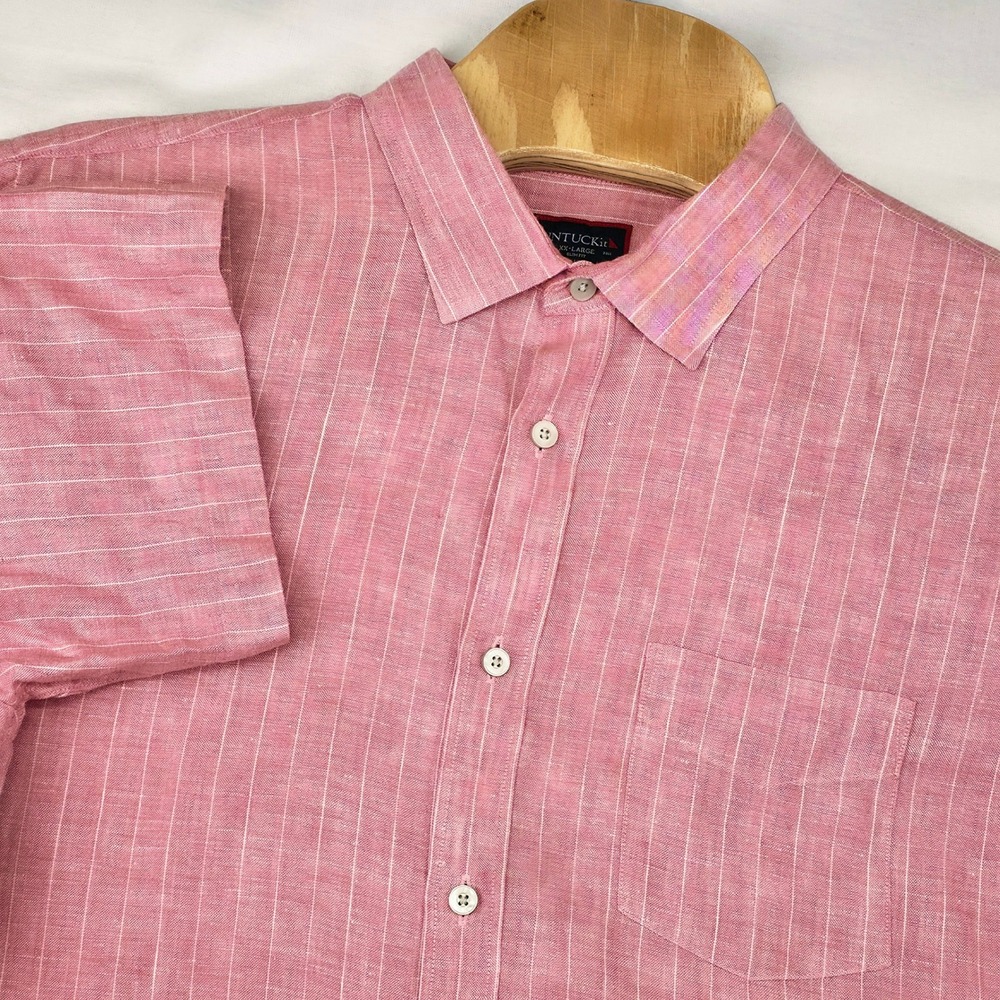 UNTUCKit Button Shirt Men's XXL Pink Pinstripe 100% Linen Slim Fit Short Sleeve